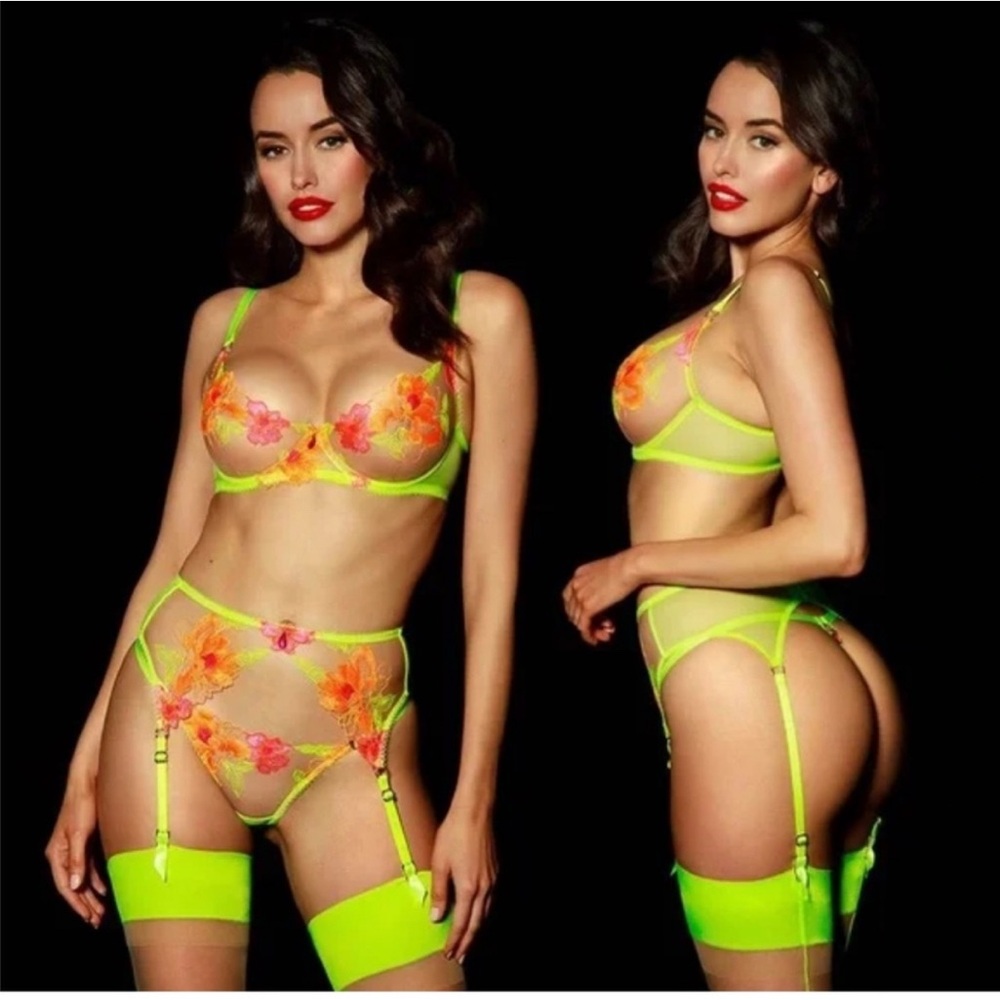 Honey Birdette Neon Green Floral Lingerie Set